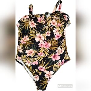 Kona Sol Floral Double Flounce One Piece Swimsuit Women's Plus Size 22W